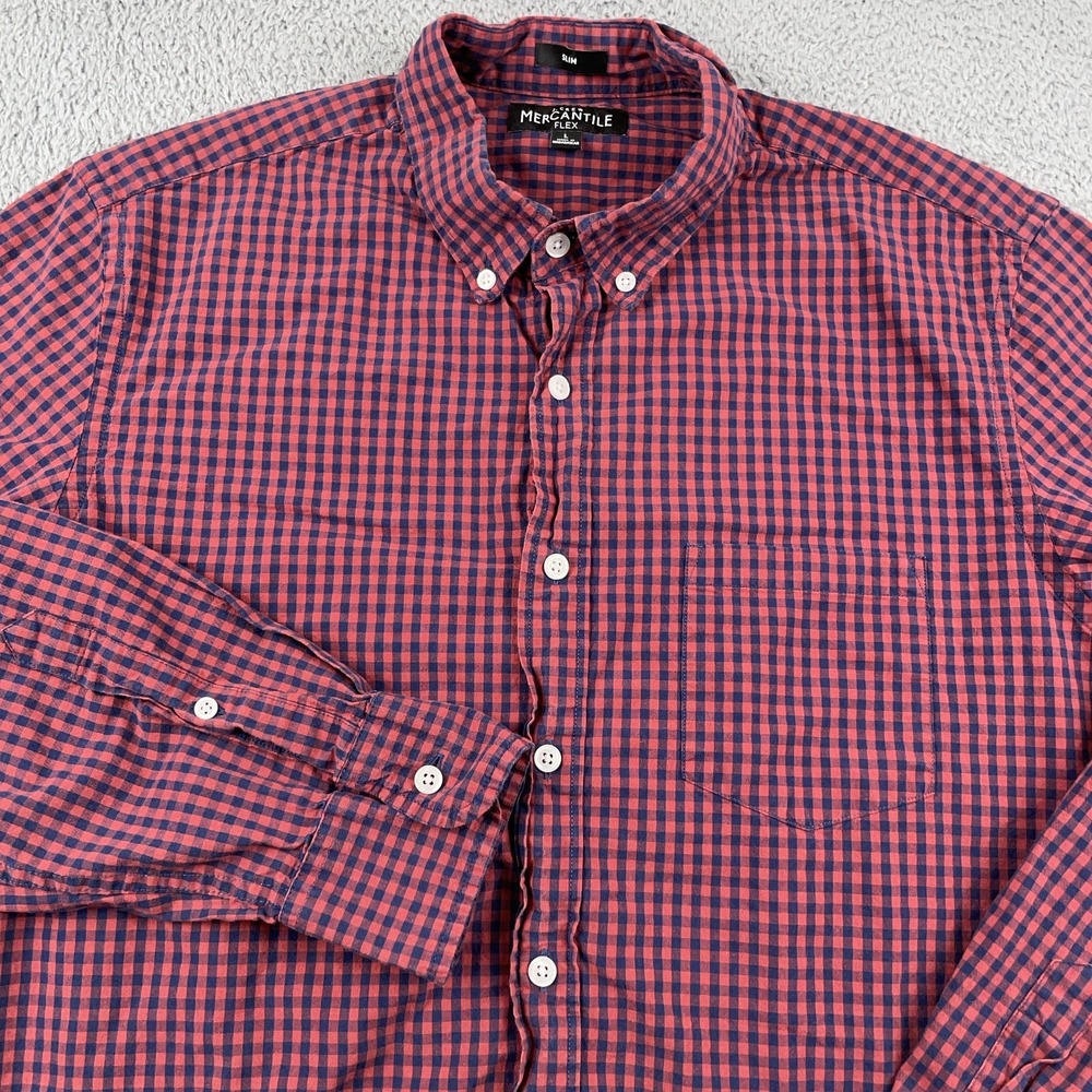 J Crew Shirt Mens Large Red Blue Gingham Slim Stretch Button Down Preppy Casual